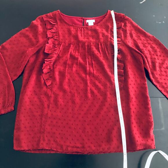 J. Crew Factory Women's 4 Swiss Dot Ruffle Front Top Burgundy Blouse Career - Picture 7 of 8